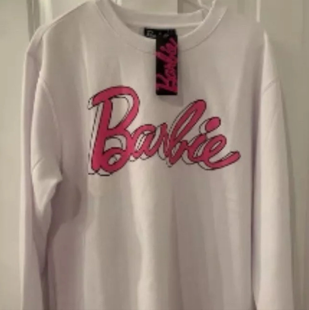 Barbie Sweater Womens Large White Pink Crew Neck Long Sleeves Pullover Medium